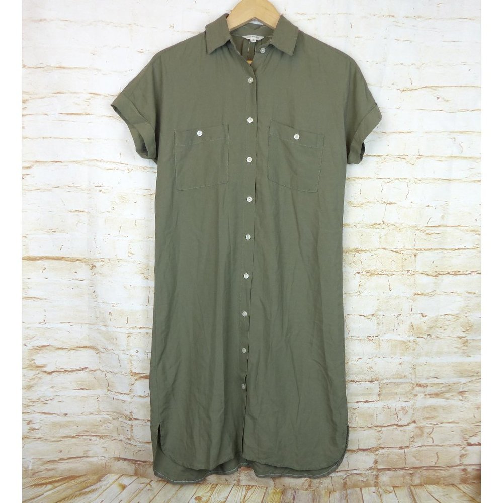 Max Studio Shirt Dress Womens XS Olive Army Green Utility Pockets Button SS